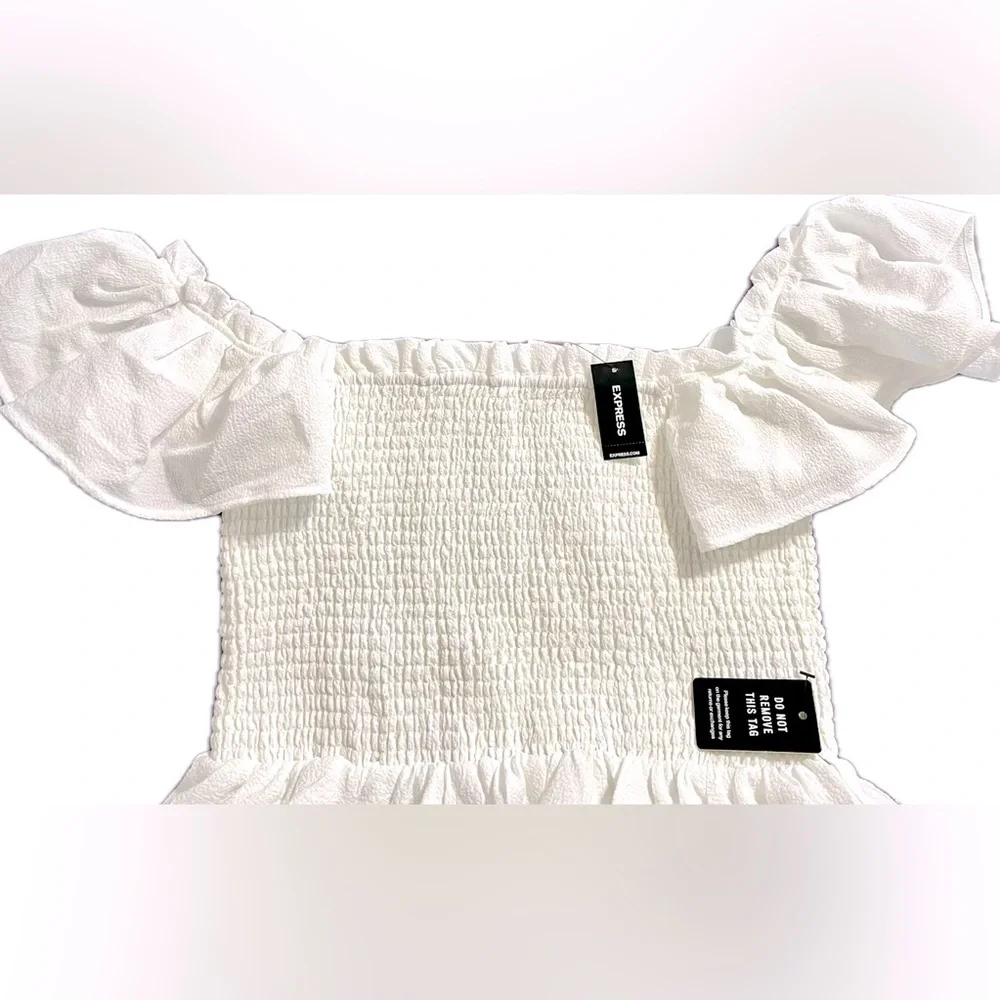 EXPRESS White colored Off the Shoulder Ruffle Tiered Dress, Size L NWT - Picture 3 of 13